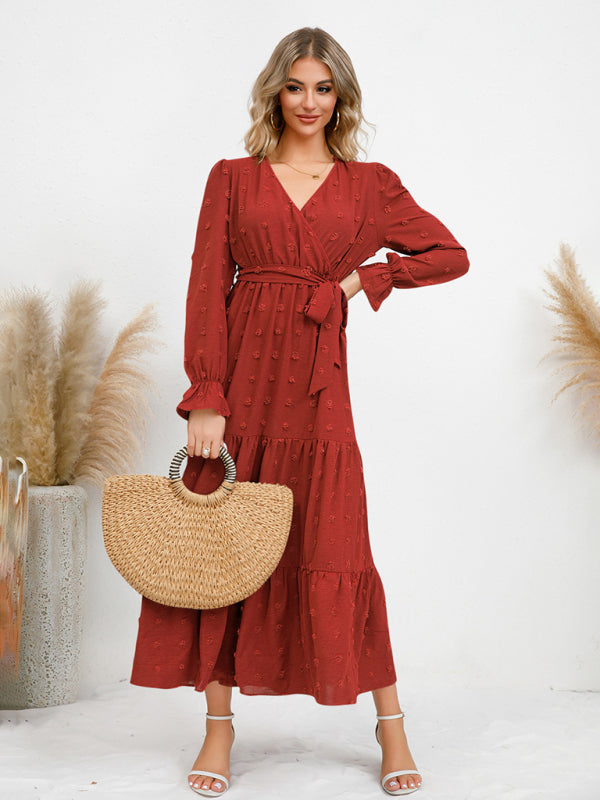 Maxi Dresses- Casual Swiss Dot Tie-Waist Maxi Midi Dress with Long Sleeves- - Pekosa Women Clothing