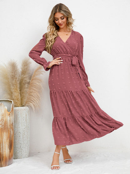 Maxi Dresses- Casual Swiss Dot Tie-Waist Maxi Midi Dress with Long Sleeves- - Pekosa Women Clothing