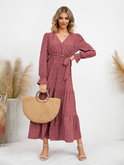 Maxi Dresses- Casual Swiss Dot Tie-Waist Maxi Midi Dress with Long Sleeves- - Pekosa Women Clothing