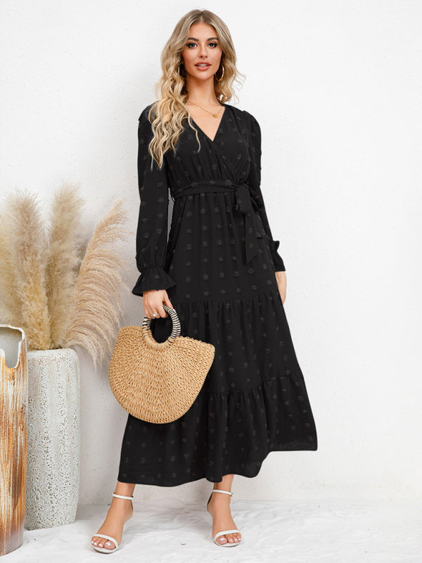 Maxi Dresses- Casual Swiss Dot Tie-Waist Maxi Midi Dress with Long Sleeves- - Pekosa Women Clothing