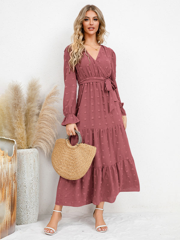 Maxi Dresses- Casual Swiss Dot Tie-Waist Maxi Midi Dress with Long Sleeves- - Pekosa Women Clothing