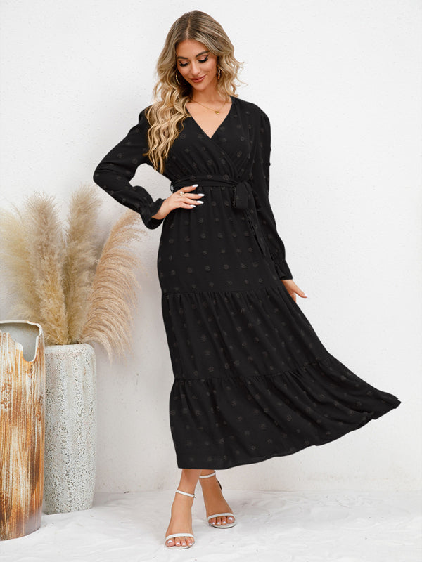 Maxi Dresses- Casual Swiss Dot Tie-Waist Maxi Midi Dress with Long Sleeves- - Pekosa Women Clothing