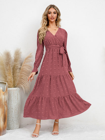 Maxi Dresses- Casual Swiss Dot Tie-Waist Maxi Midi Dress with Long Sleeves- Pink- Pekosa Women Clothing