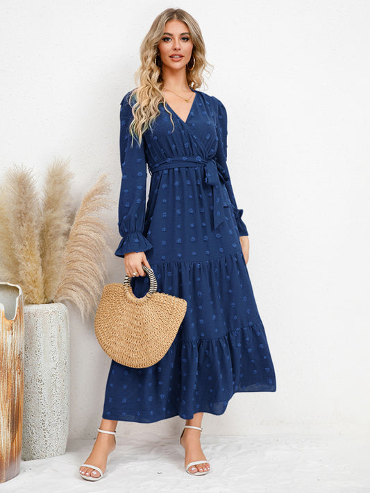 Maxi Dresses- Casual Swiss Dot Tie-Waist Maxi Midi Dress with Long Sleeves- Blue- Pekosa Women Clothing