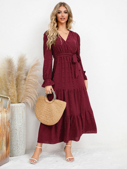 Maxi Dresses- Casual Swiss Dot Tie-Waist Maxi Midi Dress with Long Sleeves- Red- Pekosa Women Clothing