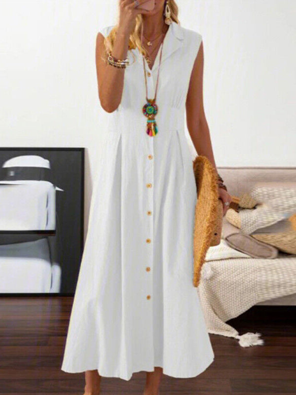 Maxi Dresses- Cotton Linen Collar Button-Up Maxi Midi Shirt Dress- White- Pekosa Women Clothing