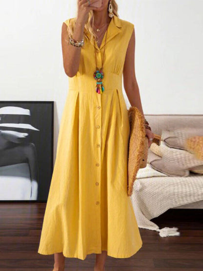 Maxi Dresses- Cotton Linen Collar Button-Up Maxi Midi Shirt Dress- Yellow- Pekosa Women Clothing