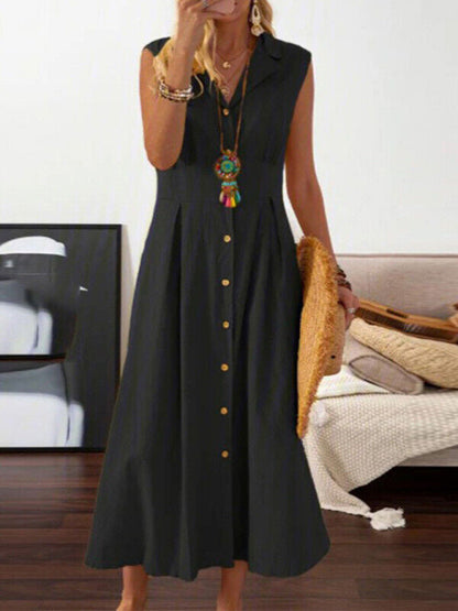 Maxi Dresses- Cotton Linen Collar Button-Up Maxi Midi Shirt Dress- Black- Pekosa Women Clothing