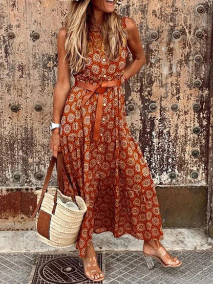 Maxi Dresses- Cotton Tank Shirt Maxi Dress: Button Down & Belt Tie For Any Occasion- Orange- Pekosa Women Clothing