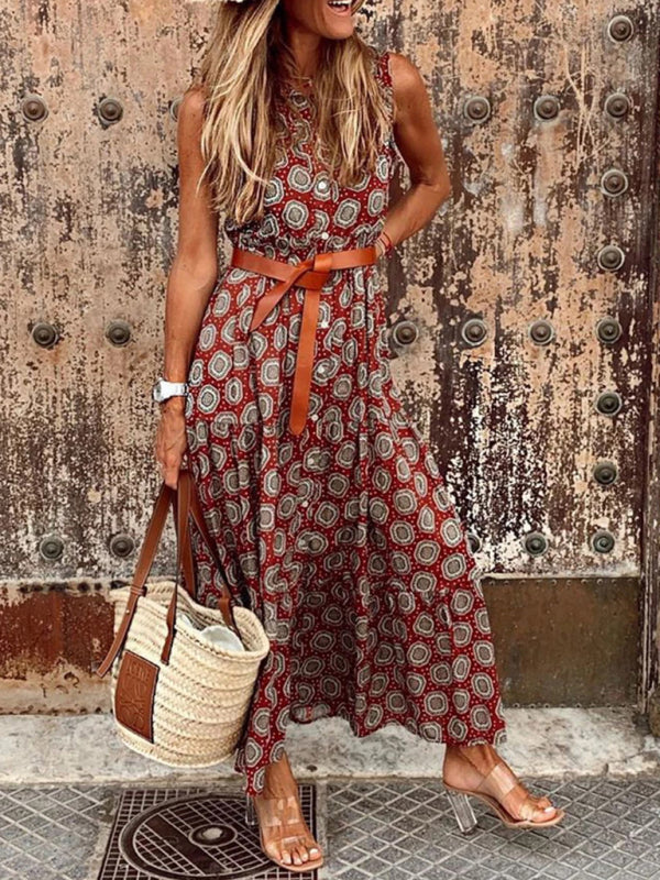 Maxi Dresses- Cotton Tank Shirt Maxi Dress: Button Down & Belt Tie For Any Occasion- Red- Pekosa Women Clothing