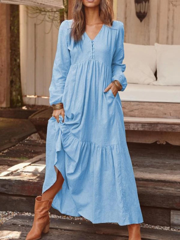 Maxi Dresses- Cotton Tunic Ruffle Long Sleeve Maxi Dress- - Pekosa Women Clothing