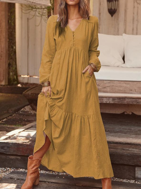 Maxi Dresses- Cotton Tunic Ruffle Long Sleeve Maxi Dress- - Pekosa Women Clothing