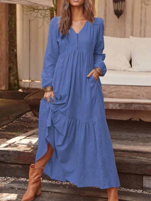 Maxi Dresses- Cotton Tunic Ruffle Long Sleeve Maxi Dress- - Pekosa Women Clothing