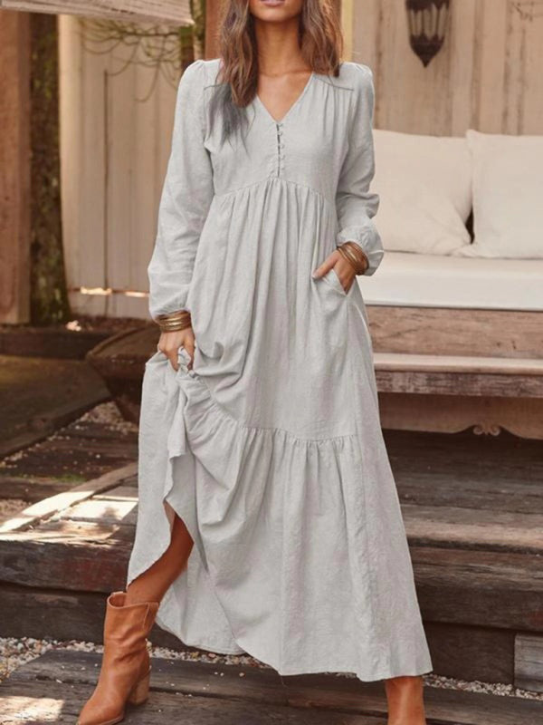 Maxi Dresses- Cotton Tunic Ruffle Long Sleeve Maxi Dress- Misty grey- Pekosa Women Clothing