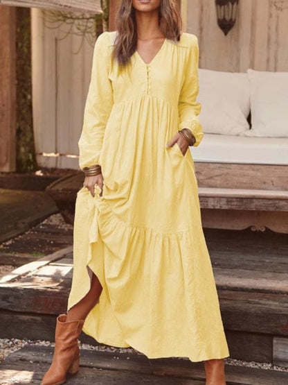 Maxi Dresses- Cotton Tunic Ruffle Long Sleeve Maxi Dress- Yellow- Pekosa Women Clothing