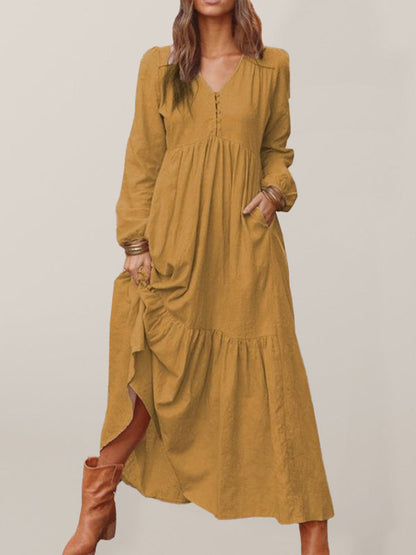 Maxi Dresses- Cotton Tunic Ruffle Long Sleeve Maxi Dress- Brown- Pekosa Women Clothing