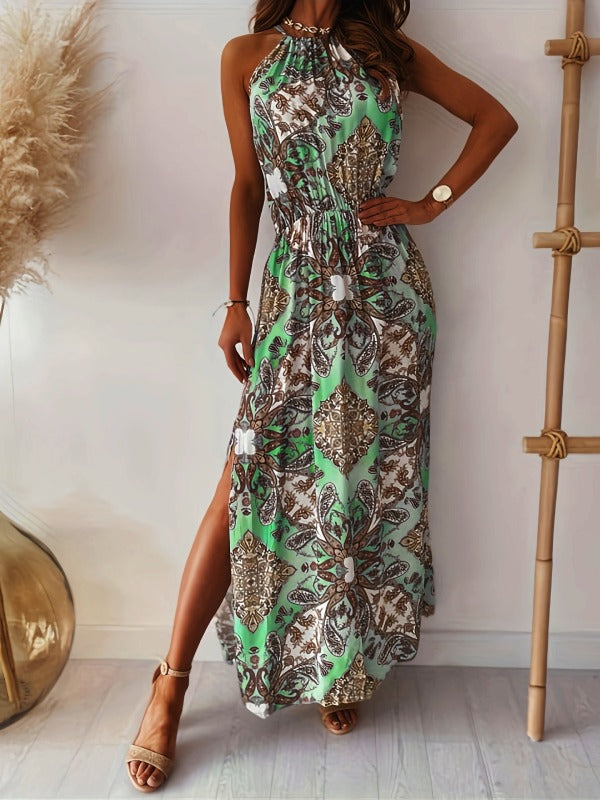 Maxi Dresses- Discover Boho Bliss: Women's Paisley Halter Neck Maxi Dress- Green- Pekosa Women Clothing