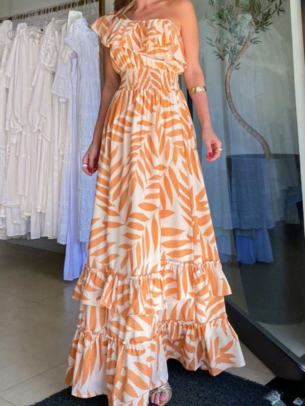 Maxi Dresses- Elegant Floral Ruffle Tiered One Shoulder Maxi Dress- Orange- Pekosa Women Clothing