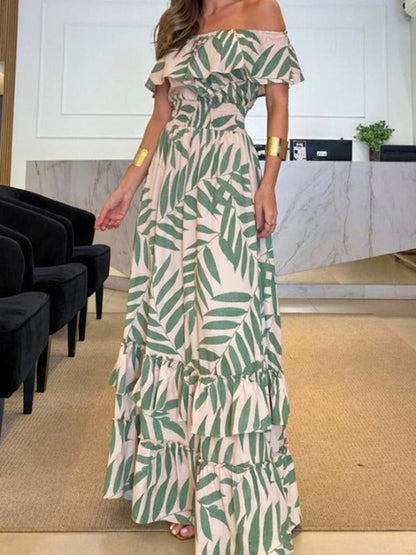 Maxi Dresses- Elegant Floral Ruffle Tiered One Shoulder Maxi Dress- Green- Pekosa Women Clothing