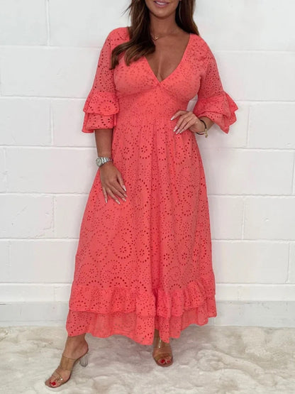 Maxi Dresses- Eyelet Cotton Flared Sleeve Ruffle Hem Maxi Dress- Orange Red- Pekosa Women Clothing