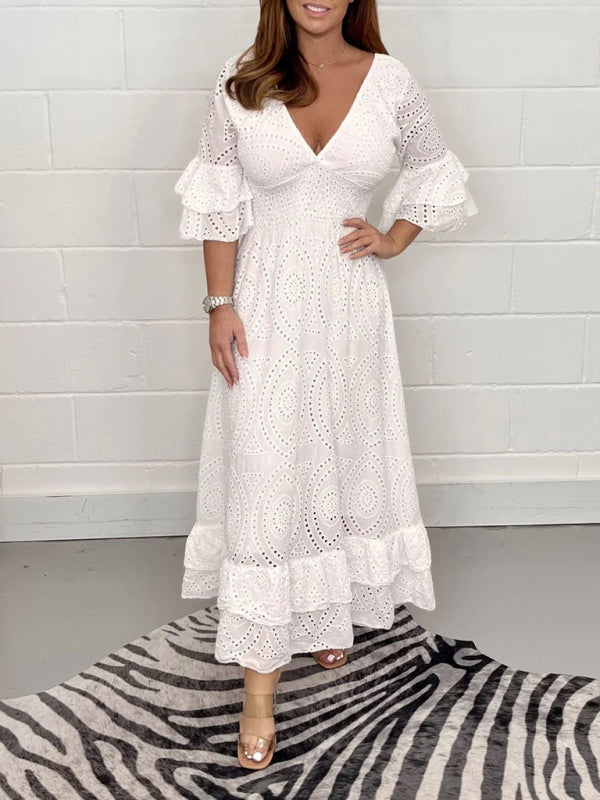 Maxi Dresses- Eyelet Cotton Flared Sleeve Ruffle Hem Maxi Dress- White- Pekosa Women Clothing