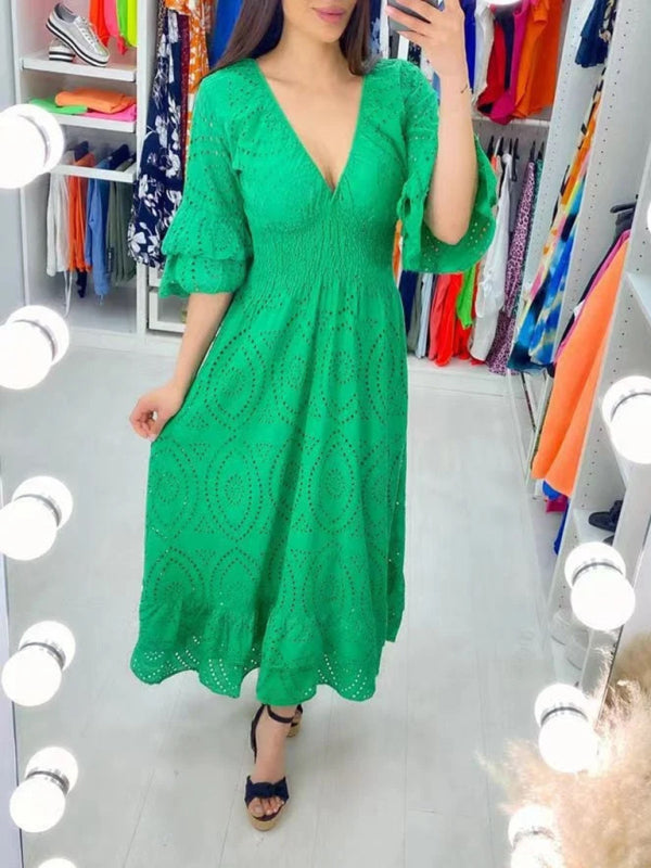 Maxi Dresses- Eyelet Cotton Flared Sleeve Ruffle Hem Maxi Dress- Green- Pekosa Women Clothing