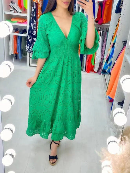 Maxi Dresses- Eyelet Cotton Flared Sleeve Ruffle Hem Maxi Dress- Green- Pekosa Women Clothing