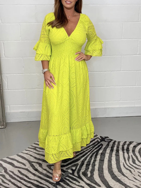 Maxi Dresses- Eyelet Cotton Flared Sleeve Ruffle Hem Maxi Dress- Yellow- Pekosa Women Clothing