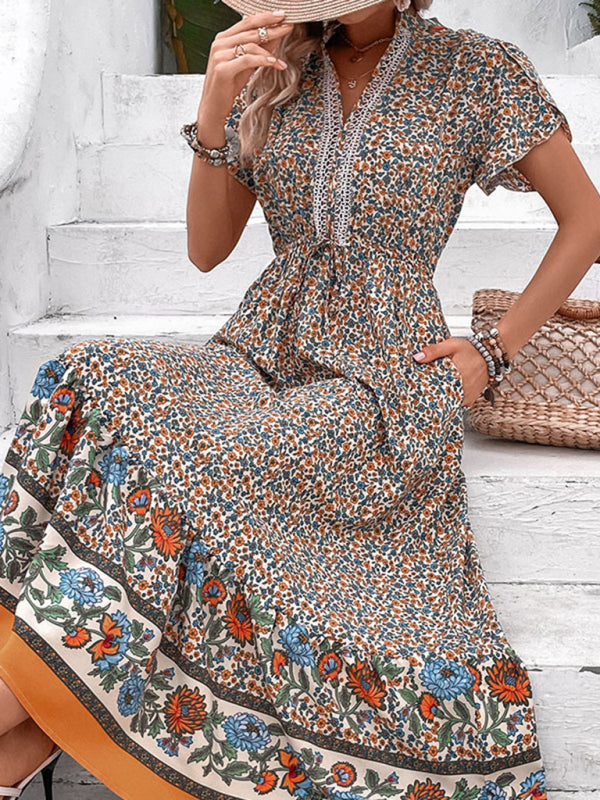 Maxi Dresses- Fashion Update: Women's Floral Maxi Dress with V Neck & Pockets- - Pekosa Women Clothing