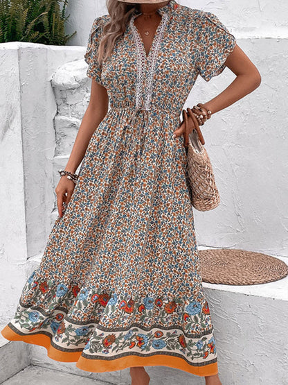 Maxi Dresses- Fashion Update: Women's Floral Maxi Dress with V Neck & Pockets- Khaki- Pekosa Women Clothing