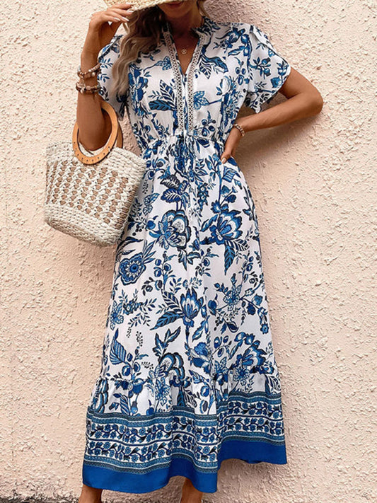 Maxi Dresses- Floral Blue Maxi Midi Dress: V Neck, A-Line Tiered & Petal Sleeve- Blue- Pekosa Women Clothing