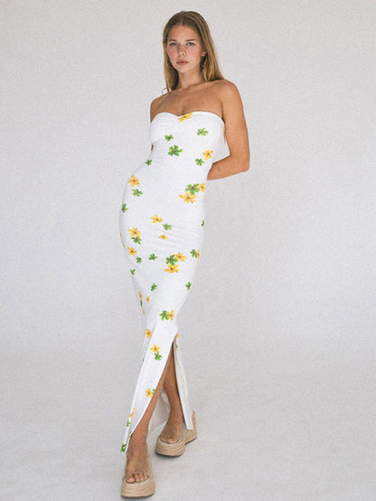 Maxi Dresses- Floral Print Bodycon Tube Maxi Dress- - Pekosa Women Clothing