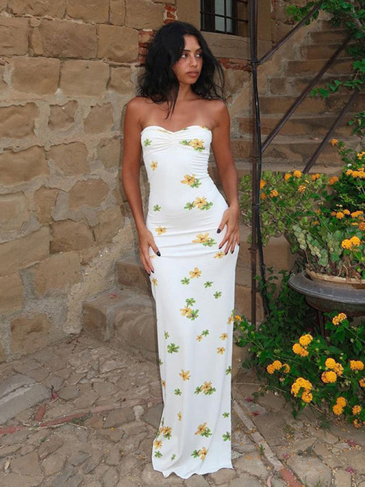 Maxi Dresses- Floral Print Bodycon Tube Maxi Dress- White- Pekosa Women Clothing