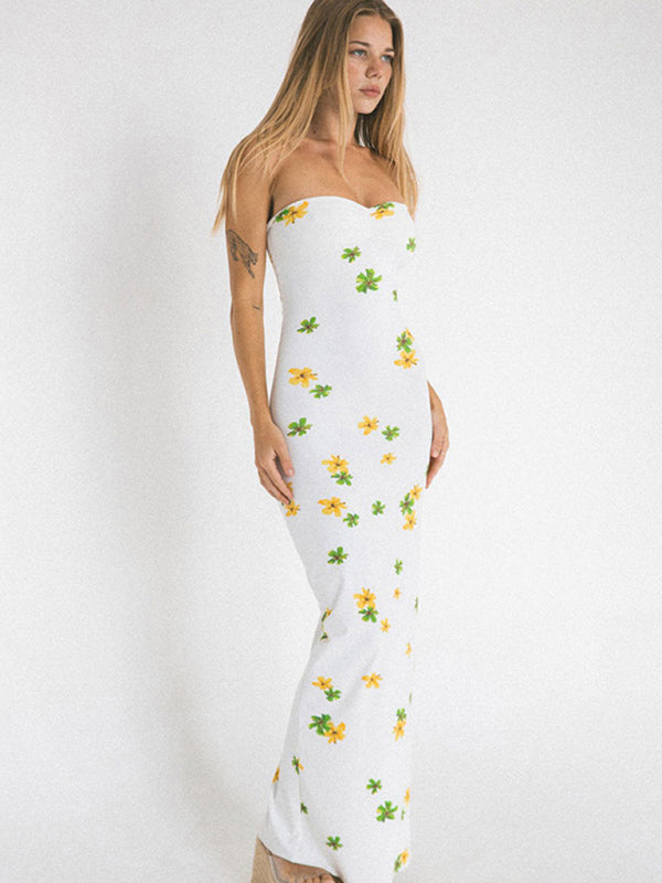 Maxi Dresses- Floral Print Bodycon Tube Maxi Dress- - Pekosa Women Clothing