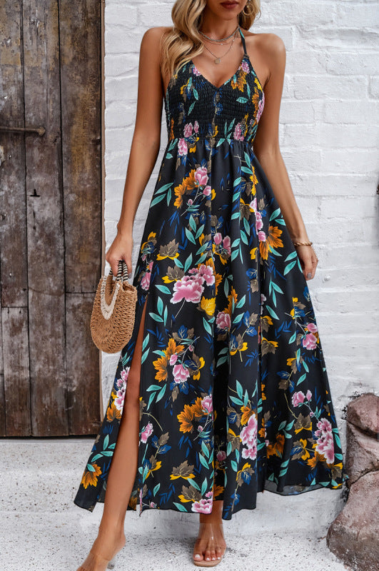 Maxi Dresses- Floral Tie-Back Smocked A-Line Cami Maxi Dress with Slit Side- Black- Pekosa Women Clothing