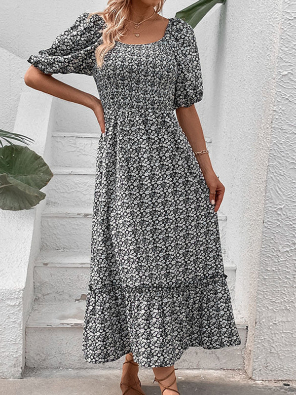 Maxi Dresses- Lace-Up Back Floral Maxi Dress for Summer- - Pekosa Women Clothing