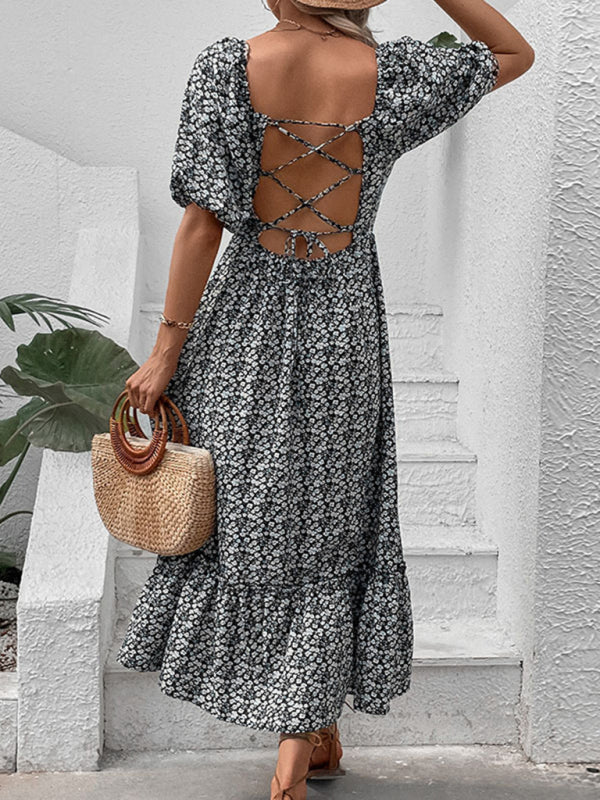 Maxi Dresses- Lace-Up Back Floral Maxi Dress for Summer- - Pekosa Women Clothing