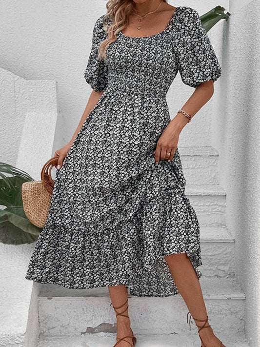 Maxi Dresses- Lace-Up Back Floral Maxi Dress for Summer- Black- Pekosa Women Clothing