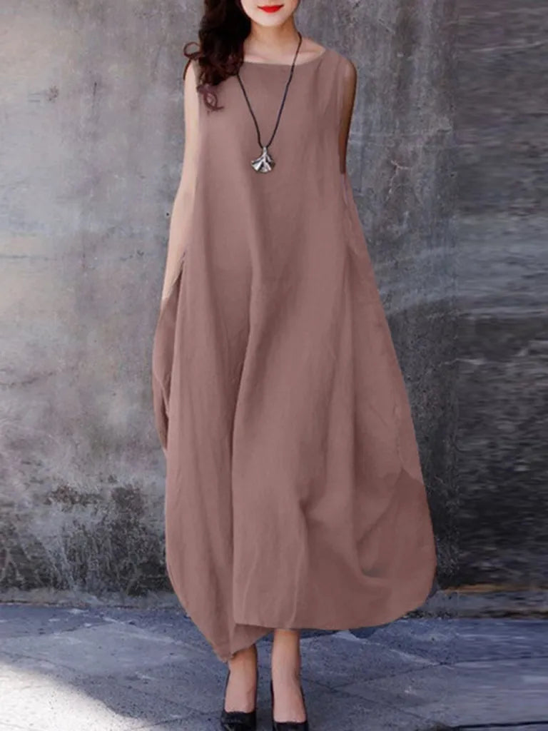 Maxi Dresses- Loose Maxi Dress: Casual Tank Style with Pockets for Everyday Chic- Brown- Pekosa Women Clothing