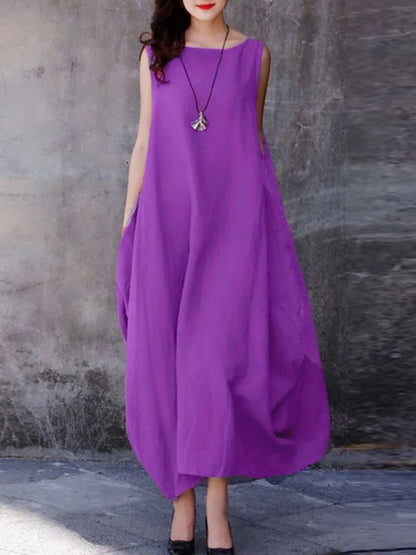 Maxi Dresses- Loose Maxi Dress: Casual Tank Style with Pockets for Everyday Chic- Purple- Pekosa Women Clothing