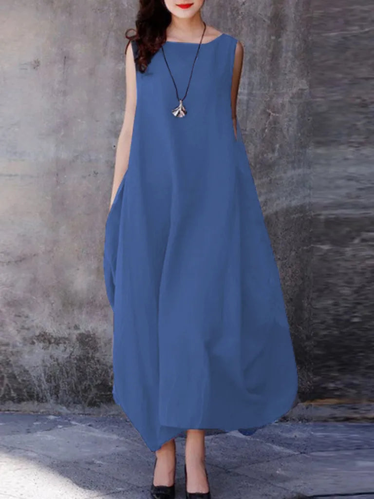 Maxi Dresses- Loose Maxi Dress: Casual Tank Style with Pockets for Everyday Chic- Blue- Pekosa Women Clothing