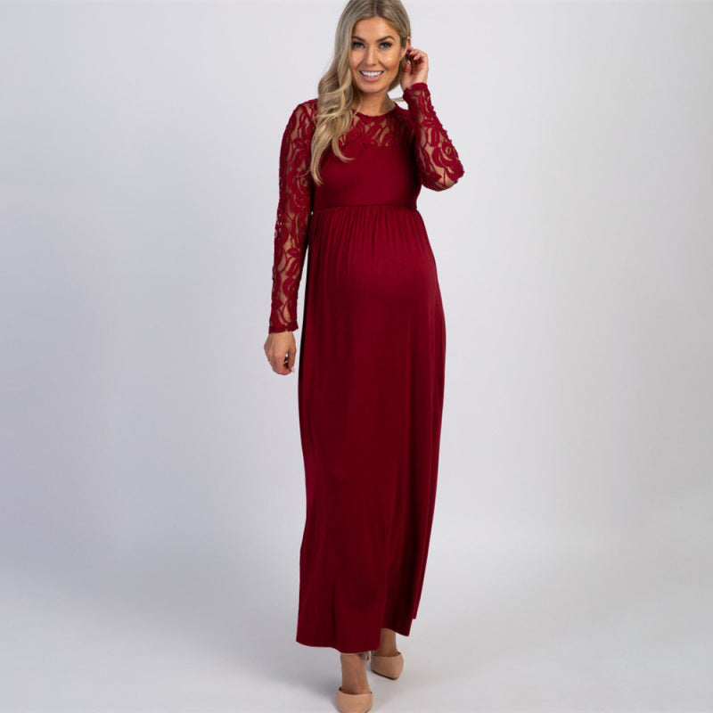 Maxi Dresses- Mother-to-Be Long Sleeve Maternity Maxi Dress for Baby Showers- Wine Red- Chuzko Women Clothing