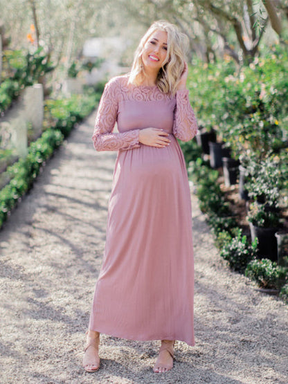 Maxi Dresses- Mother-to-Be Long Sleeve Maternity Maxi Dress for Baby Showers- Pink- Chuzko Women Clothing