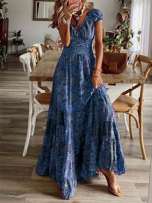 Maxi Dresses- Paisley Floral Cotton Smocked Waistband Tiered Maxi Dress- Blue- Pekosa Women Clothing