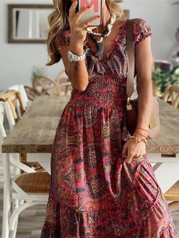 Maxi Dresses- Paisley Floral Cotton Smocked Waistband Tiered Maxi Dress- - Pekosa Women Clothing