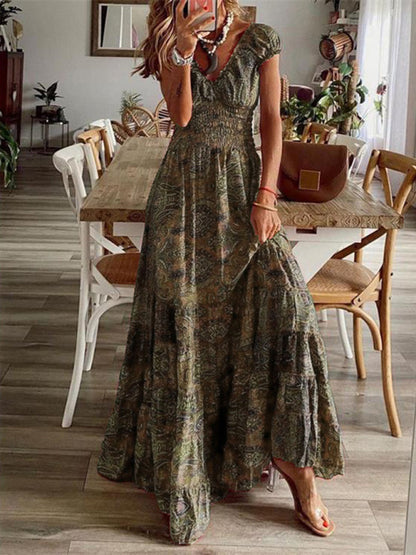 Maxi Dresses- Paisley Floral Cotton Smocked Waistband Tiered Maxi Dress- Coffee- Pekosa Women Clothing