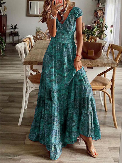 Maxi Dresses- Paisley Floral Cotton Smocked Waistband Tiered Maxi Dress- Green- Pekosa Women Clothing