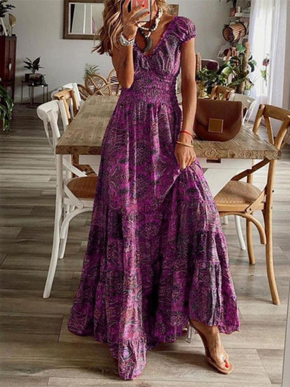 Maxi Dresses- Paisley Floral Cotton Smocked Waistband Tiered Maxi Dress- Purple- Pekosa Women Clothing