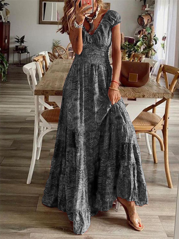 Maxi Dresses- Paisley Floral Cotton Smocked Waistband Tiered Maxi Dress- Grey- Pekosa Women Clothing