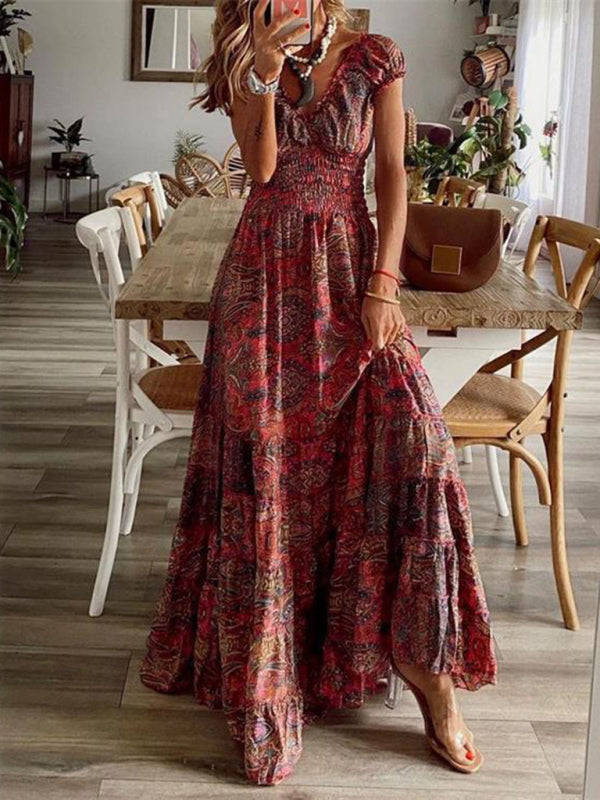 Maxi Dresses- Paisley Floral Cotton Smocked Waistband Tiered Maxi Dress- Wine Red- Pekosa Women Clothing